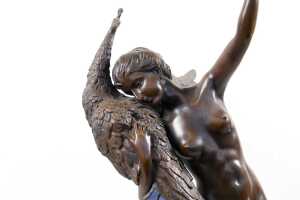 After Philippe Wolfers, reproduction cast bronze figural lamp depicting peacock and a nude lady - 2