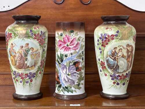 Three antique hand painted milk glass vases