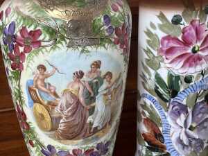 Three antique hand painted milk glass vases - 2