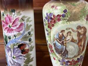 Three antique hand painted milk glass vases - 3