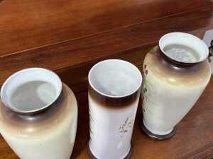 Three antique hand painted milk glass vases - 5