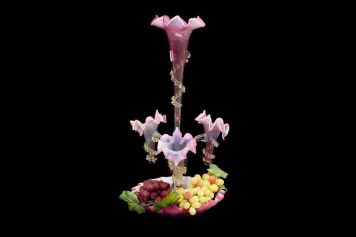 Victorian cranberry cased glass four trumpet epergne