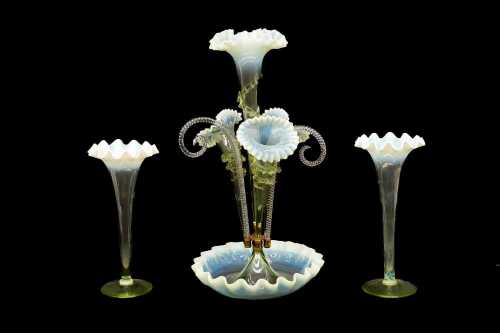 Victorian four trumpet uranium glass epergne with matching pair of vases