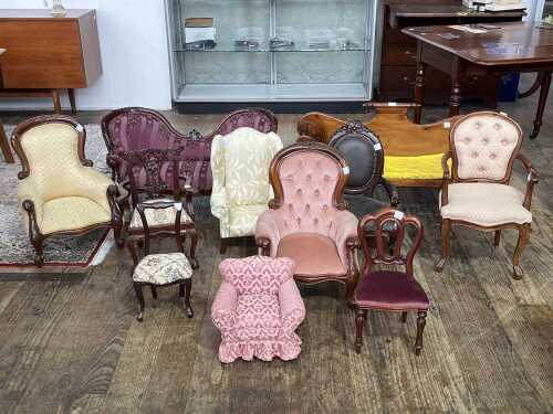 Collection of eleven reproduction miniature doll chairs and sofas