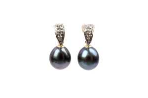 A pair of Tahitian pearl and diamond earrings in 9 carat yellow gold