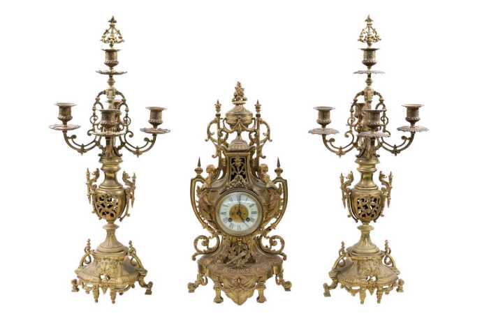 19th century French Louis XV style three piece clock and garniture set