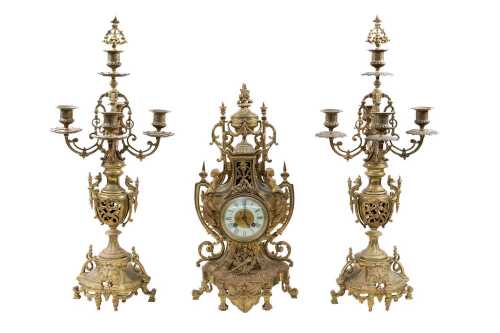 19th century French Louis XV style three piece clock and garniture set