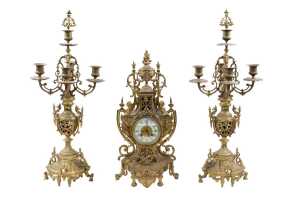 19th century French Louis XV style three piece clock and garniture set