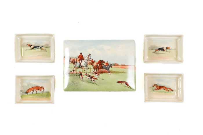 Royal Doulton 'Fox Hunting' porcelain series ware cigarette box with set of four ashtrays