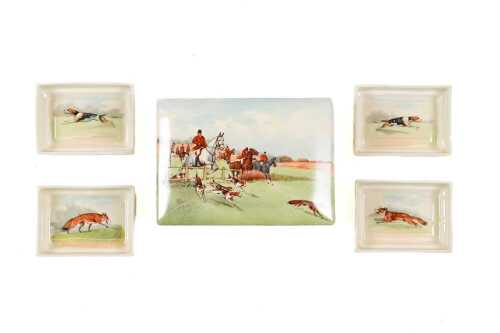 Royal Doulton 'Fox Hunting' porcelain series ware cigarette box with set of four ashtrays