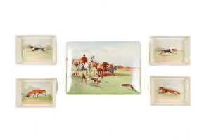 Royal Doulton 'Fox Hunting' porcelain series ware cigarette box with set of four ashtrays