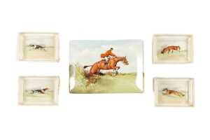 Royal Doulton 'Fox Hunting' porcelain series ware cigarette box with set of four ashtrays