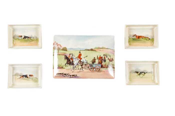 Royal Doulton 'Fox Hunting' porcelain series ware cigarette box with set of four ashtrays