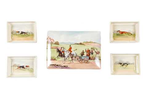 Royal Doulton 'Fox Hunting' porcelain series ware cigarette box with set of four ashtrays