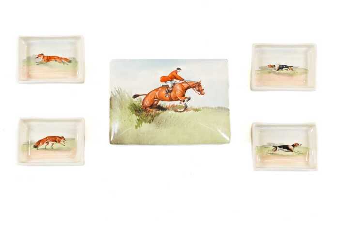 Royal Doulton 'Fox Hunting' porcelain series ware cigarette box with set of four ashtrays