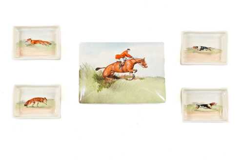 Royal Doulton 'Fox Hunting' porcelain series ware cigarette box with set of four ashtrays