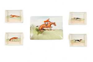 Royal Doulton 'Fox Hunting' porcelain series ware cigarette box with set of four ashtrays
