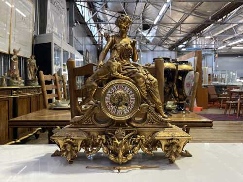 19th century French gilt spelter figural mantel clock depicting Diana, goddess of the hunt