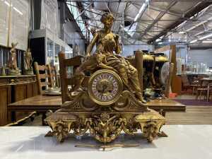 19th century French gilt spelter figural mantel clock depicting Diana, goddess of the hunt