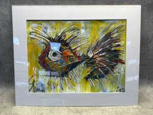 'Pop Fish' (artist unknown) painting in frame
