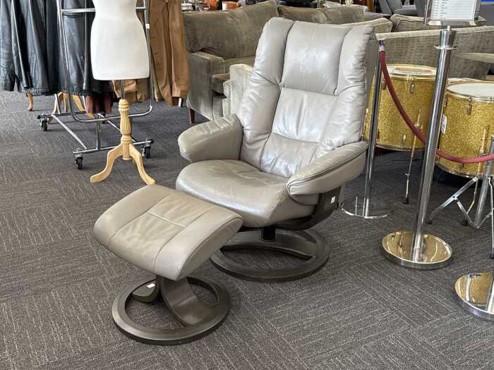 IMG grey leather swivel recliner with footstool