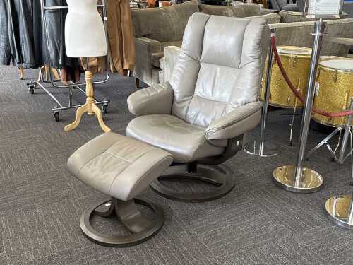 IMG grey leather swivel recliner with footstool