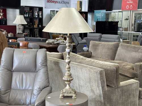 Faux antique silver-coloured table lamp on square acanthus leaf base.