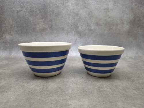 Two Hoffman Pottery blue and white mixing bowls