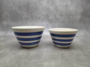 Two Hoffman Pottery blue and white mixing bowls