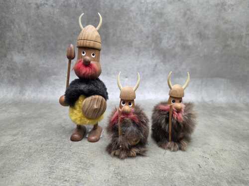 Set of three vintage timber and fur vikings