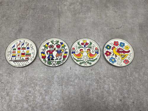 Four Greek hand-painted enamel trinket dishes