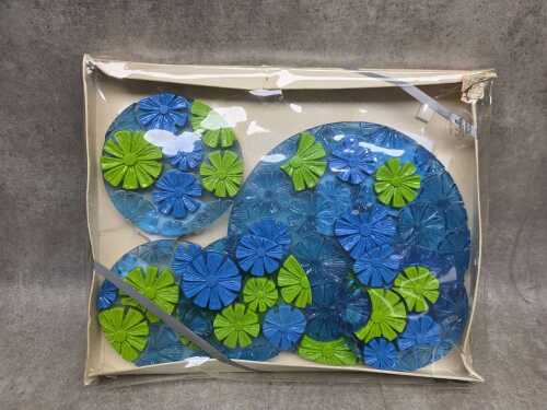 Mid-century Colorflo lucite trivet and coaster set in blue and green