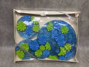 Mid-century Colorflo lucite trivet and coaster set in blue and green