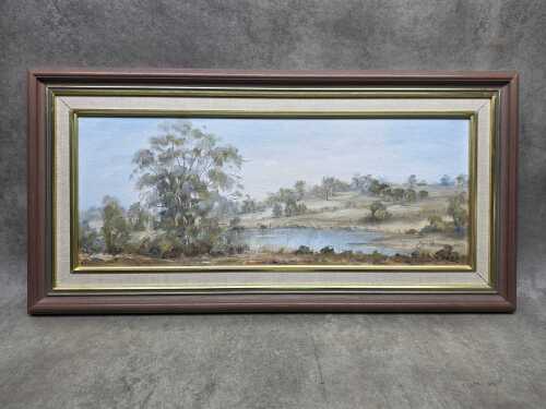 Joan Page (1929-89), waterhole in Australian landscape. Oil painting on board