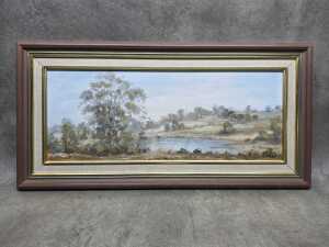 Joan Page (1929-89), waterhole in Australian landscape. Oil painting on board