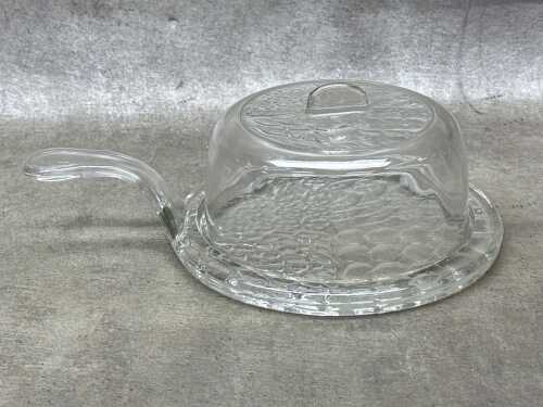 Early glass cheese platter with handle and domed lid