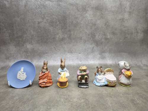 Five Beswick Beatrix Potter porcelain figures and a Wedgwood Jasperware pin dish