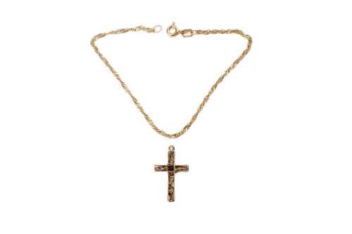 A twist link bracelet and a cross in 9 carat yellow gold