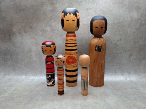 Five vintage Japanese Kokeshi timber dolls