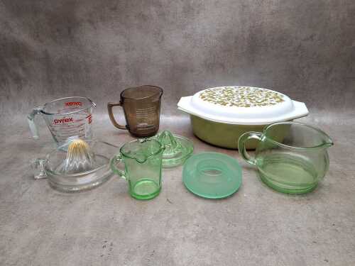 Vintage pressed glass bakingware including Pyrex Verde Olive Green casserole,