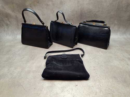 Four vintage black handbags, including Pinchos