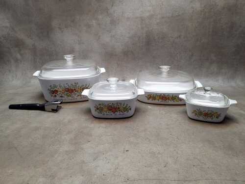 Vintage Corningware Spice of Life cookware including lidded casseroles with attachable handle