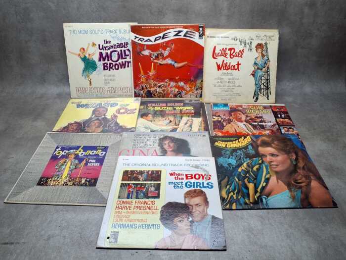 Ten soundtrack vinyl records, including The Wizard of Oz