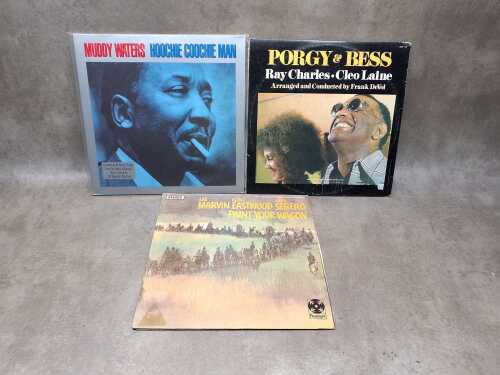 Three vinyl records, including Muddy Waters "Hoochie Coochie Man"