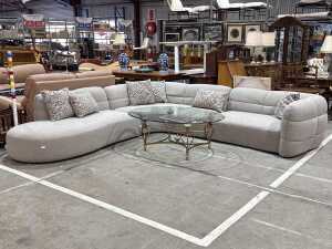 Three-piece grey fabric L-shaped lounge suite - New display stock