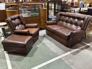 Moran brown leather three-piece lounge suite
