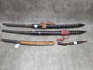 Group of Asian swords and knives. All in original sheaths.