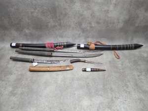 Group of Asian swords and knives. All in original sheaths. - 2