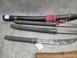 Group of Asian swords and knives. All in original sheaths. - 3