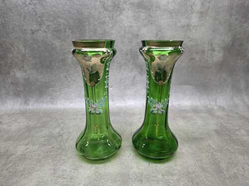 Pair of vintage hand-painted glass vases with gilt decoration.